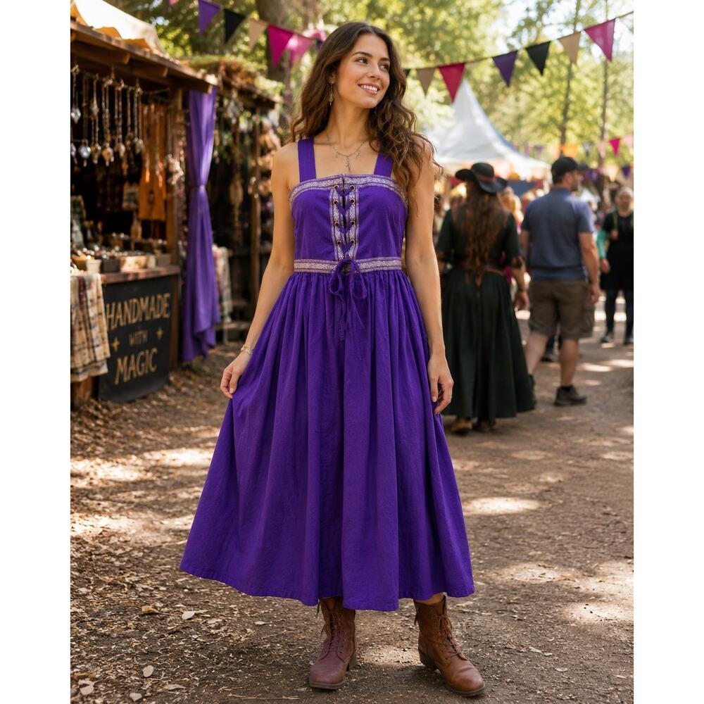 Celtic Moonlight Purple Cotton Apron Dress Sz 12 Renaissance Fairycore Pinafore